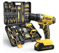 Maletín de herramientas con taladro inalámbrico de 21 V - 170 piezas. Set completo - Batería de iones de litio - Color amarillo - Para uso doméstico y trabajos de bricolaje