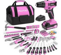 Maletín de herramientas con taladro inalámbrico rosa, juego de taladros inalámbricos de 20V. Maletín de herramientas para reparaciones del hogar, proyectos de bricolaje y reformas: un juego de herrami