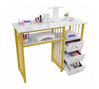 Malkoaswe Escritorio de uñas, mesa de manicura, estación de manicura, textura de mármol, mesa de manicura con 3 cajones, escritorio para salón, oficinas, salones de uñas, 100 x 40 x 76 cm, dorado