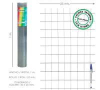 Malla electrosoldada galvanizada 50x25 / 2,00 / 100 cm. ga rollo 25 me