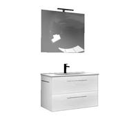 Mama Store ERA 60 - Mueble de baño suspendido 60 cm Blanco ártico con Lavabo, Espejo y lámpara LED, 62 x 47 x 53 cm