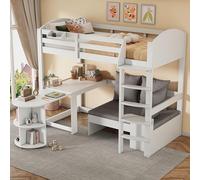 MAMAINI Cama alta para niños, cama infantil multifuncional, escalera, con mesa extensible, sofá con espacio de almacenamiento, tres cojines, tapicería, estantes de almacenamiento, blanco, 90 x 200 cm