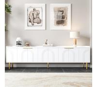MAMAINI Mueble de TV con puerta texturizada, mueble de TV, asas doradas y patas doradas, 170 x 35 x 47,5 cm, color blanco