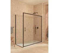 Mampara angular corredera + fijo + lateral fijo, con perfil inferior, Vidrio de seguridad 6mm antical, 107,5-112,5cm x Fijo 67,5-70cm H=200cm, Negro