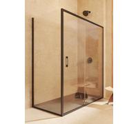 Mampara angular corredera + fijo + lateral fijo, sin perfil inferior, Vidrio de seguridad 6mm antical, 122,5-127,5cm x Fijo 87,5-90cm H=200cm, Negro