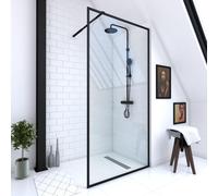 Mampara de ducha fija austine perfil aluminio negro mate (100)x200 cm cristal templado 6mm transparente antical reversible. barra fijación muro o techo recortable incluida aurlane