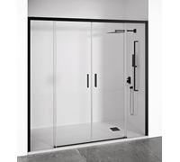 Mampara de ducha frontal 2 hojas correderas + 2 fijos sin perfilería inferior - Transparente - Cristal templado 6 mm Antical - Perfilería Negro Mate - Ancho adaptable 190-195 cm - Alto 195 cm - EIRE