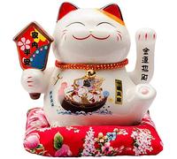 Maneki Neko Porcelana Gato de la Suerte Afortunado Gato agitando el Brazo Waving Arm Lucky bendición,Blanco L16xW14xH16cm,1