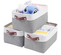 Mangata 3 piezas de cestas de almacenamiento de tela, caja de almacenamiento para armario, cesta de almacenamiento de tela con asa de cuero para juguetes, armario, estantes, ropa (M, Gris Blanco)