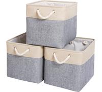 Mangata Cajas Almacenaje, 33 x 38 x 33 cm Cestas almacenaje de Lona Engrosada Plegable con Asas de Cuerda para Ropa, Juguetes (Gris/Beige, 3 Pack)