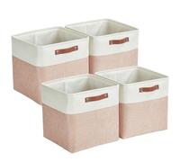 Mangata Cajas de almacenamiento plegables, 28 cm, cestas de almacenamiento de tela tejida de lino con asas de cuero, 4 unidades (rosa y blanco)