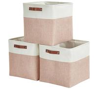 Mangata Cajas de almacenamiento plegables, 28 cm, cestas de almacenamiento de tela tejida de lino con asas de cuero, 3 piezas (rosa y blanco)