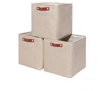 Mangata Juego de 3 Cajas de Almacenaje, Cestas Organizador de Tela Plegable con Manijas para Hogar, Juguetes, Estanterías, Armarios (Beige, 3 Pcs)