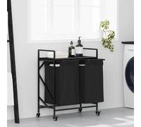 Mangloder - Cesto para la colada con 2 compartimentos y ruedas de roble negro, con estante, clasificador de ropa sucia de acero y material de madera para baño, dormitorio, lavandería, ahorro de