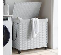Mangloder - Cesto para la colada con ruedas de ratán, color blanco, 60 x 35 x 60,5 cm, 3 compartimentos, con tapa y asa, plegable para cuarto de baño y lavandería