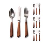 Mango De Madera Canela Roja Cocina Cubiertos Acero Inoxidable Vajilla Juego Cuchillo Carne Tenedor Cuchara Cucharadita (Plateado,12 piezas)
