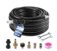 Manguera de Limpieza de Tuberías 30 m, 400 Bar/5800 PSI, M22 Manguera Hidrolimpiadora con 4 Boquillas y 2 Adaptadores, 1/4'' Flexible de Tuberias a Presion Compatible avea Karcher K2-K7, Lavor y Bosch