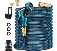 Manguera de riego extensible y flexible, con 10 niveles de pulverización, adaptador de latón, conector colgante, 75 metros, color azul