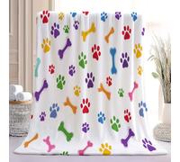 Manta cálida blanca con estampado de huellas de perro de dibujos animados | Manta de franela gruesa y cálida de felpa suave estilo mascota, diseño simple, 127 x 152 cm para sofá, cama