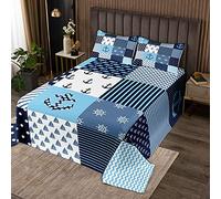 Manta de cama náutica con temática de navegación de retazos para el día de la cubierta acolchada King, manta de anclaje, brújula, vela con estampado de barco para niños, decoración de dormitorio infa