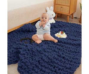 Manta de peluche gruesa y ponderada, 100% hecha a mano, de la marca Unyqoos®. Manta tejida de 76 x 101 cm, color azul marino