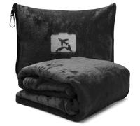 Manta de viaje 2 en 1 y almohada de viaje con cremallera, almohada multifuncional, suave y cálida, manta compacta para avión, coche, oficina, viajes, 127 x 152 cm, color negro