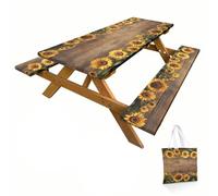 Mantel de mesa de picnic con diseño de girasol de grano de madera con fundas de banco y bolsa de transporte, funda rectangular de estilo retro rústico, color marrón, para patio al aire libre