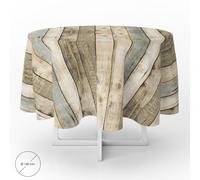 Mantel hule redondo tablones madera impermeable antimanchas pvc ø 140 cm. uso interior y exterior