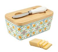 Mantequera de cerámica con tapa, 500 ml con patrón floral con cuchillo, platos de mantequilla cubiertos para mostrador o mesa