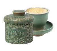 Mantequera de cerámica, mantequera francesa con tapa, refrigerada por agua, para mantequilla de 6,7 oz, en relieve, para mantequilla fresca aromatizada (verde)
