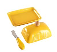 Mantequera de porcelana con tapa y cuchillo, recipiente de mantequilla cubierto con diseño de mango para encimera, color amarillo