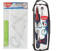 Maped 196100 - Compás, 1 unidad [modelo surtido] + 227835 - Kit trazado 4+1, regla de 30 cm, cartabón, escuadra, transportador y regla 20 cm, Surtidos