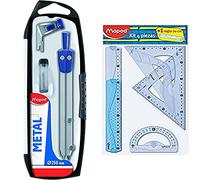 Maped 197512 Pack De Compás, Abrazadera Y Estuche De Minas, Negro, Plata + 227835 Kit Trazado 4+1, Regla De 30 Cm, Cartabón, Escuadra, Transportador Y Regla 20 Cm, Colores Surtidos