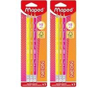 Maped - 3 lápices de grafito HB2 neón - Lápices de papel FSC HB punta de goma - Forma triangular ergonómica - Mina resistente (Paquete de 2)