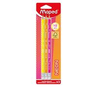 Maped - 3 lápices de grafito HB2 neón - Lápices de papel FSC HB punta de goma - Forma triangular ergonómica - Mina resistente