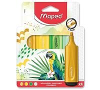 Maped - 4 rotuladores Fluo'Peps - Punta biselada - Subrayadores de larga duración - Uso escolar y profesional - Subrayadores de colores pastel - Fluos y tinta de purpurina - Tema tropical