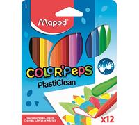 Maped - Ceras de Colores para Niños - Plasticlean - 12 Pinturas de Cera de Colores - 1 Lado de Precisión y 1 Lado Liso - No Ensucian las Manos - Fáciles de Afilar