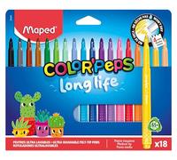 Maped Color'Peps Long Life - Estuche de 18 Rotuladores Lavables, Punta Bloqueada Antihundimiento, No se Secan sin Tapa (Hasta 1 Semana), 18 Colores Vibrantes, Material Escolar de Larga Duración