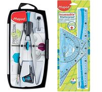 Maped - Compás Dibujo Técnico - Precision System Caja con 3 Piezas - Compás con Bigotera Grande - Incluye 1 Abrazadera Universal, Modelo surtido & Reglas Escolares - Irrompible - Maxi Kit de 4 Piezas