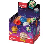 Maped Connect Planet - Expositor de Mostrador con 24 Sacapuntas de Metal Coleccionables, Diseño Ergonómico de 1 Agujero con Depósito Antigolpes, Surtido de Colores, Listo para Vender