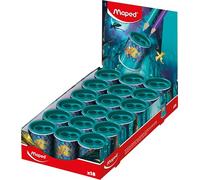 Maped Dragon - Expositor de 18 Sacapuntas de Metal con Depósito, Sacapuntas Dobles de 2 Agujeros para Lápices Estándar y Jumbo, Cuerpo Metálico Resistente, Display de Mostrador para Tiendas y Colegios