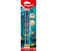 Maped Dragon - Pack de 6 Lápices de Grafito HB con Goma de Borrar, Lápices de Madera con Cuerpo Triangular Ergonómico, Diseño de Escamas, Escritura Suave y Resistente, Material Escolar