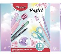 Maped - Estuche de escritura en color pastel de 14 piezas - Lápices de grafito HB + Tamaño del rayo + Subrayadores + Fieltros de escritura + Tijeras de 16 cm + Goma blanca