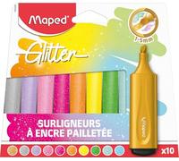 Maped Glitter - 10 Subrayadores con Purpurina y Punta Biselada, Marcadores de Tinta con Brillo para Bullet Journal, Manualidades y Dibujo, Colores Pastel y Fluorescentes de Larga Duración