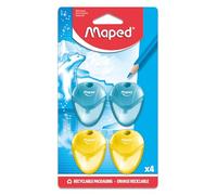 Maped Igloo - Juego de 4 sacapuntas con depósito transparente (1 orificio, 4 unidades), diseño escolar para niños, ergonómico y compacto, 2 azules y 2 amarillos