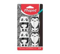 Maped - Juego de 4 sacapuntas de palillos de pingüino y panda con reserva y 1 agujero para lápices estándar, fácil de usar