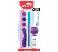 Maped Kidy Learn Concentration - Kit de Escritura Sensorial de 4 Piezas: Regla de 20 cm Irrompible, Lápiz de Grafito con Textura Relajante, Goma y Sacapuntas, Herramienta de Apoyo a la Concentración