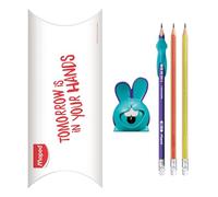MAPED Kidy Learn - Kit de aprendizaje de escritura (sacapuntas Croc Croc Lapin + 1 lápiz de grafito con guía de dedo de tiburón + 2 lápices de papel