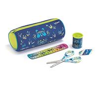 Maped - Kit de Suministros Escolares Mini Cute para niños - 1 Estuche Redondo + 1 par de Tijeras de 13 cm + 1 sacapuntas latas + 1 Goma Blanca + 1 Regla de 15 cm - Azul