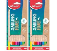 Maped - Lápices de Colores - Colección Smiling Planet - Estuche de 12 Unidades - Minas Resistentes - Diseño Lúdico - Fabricados con Fibra de Madera Sostenible (Paquete de 2)